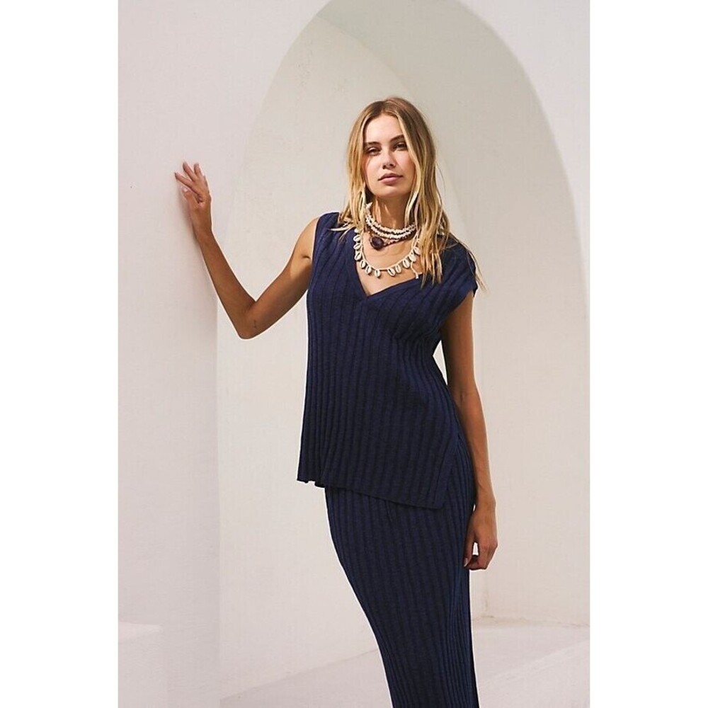 Free People Beach Veda Sweater Vest Celestial Indigo Medium Coastal Grandma